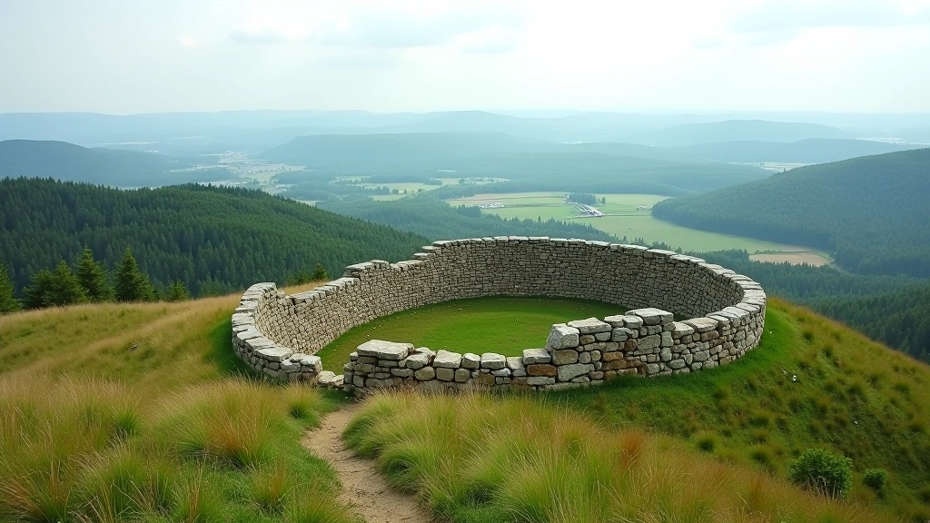 Piliakalnio viršūnė su senovės tvirtovės liekonomis ir panoraminiu kraštovaizdžiu