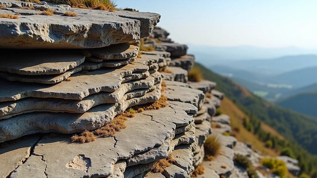 Rūdžiai ir mineralai Puntukas akmenyje, rodantys geologinę sudėtį ir amžiaus sluoksnius