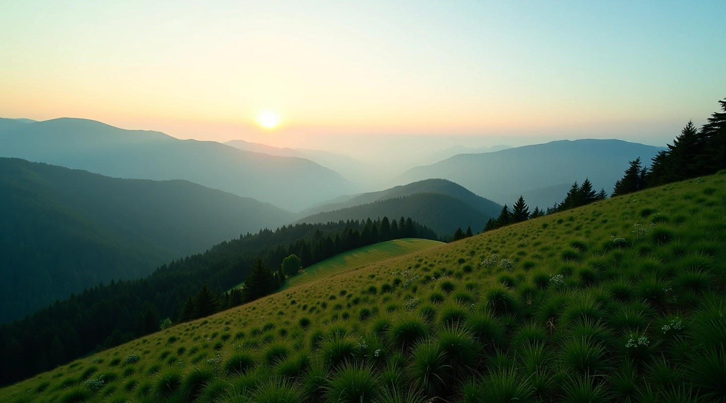 Panoraminis vaizdas iš kalno viršūnės su žaliomis miškais ir mėlynais dangumi horizonte